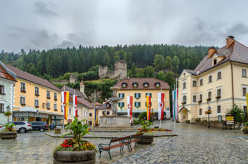 View of Main square and castle ruins, Friesach, Austria