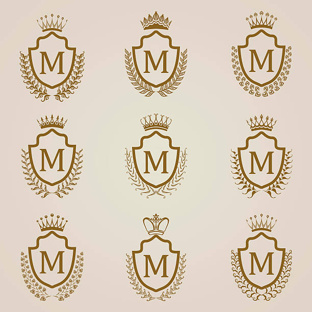 golden shields z wieniec laurowy  - coat of arms retro revival winning success stock illustrations