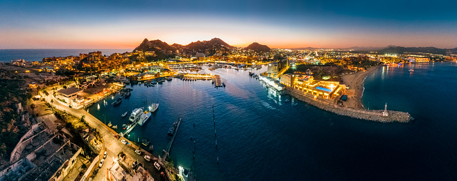 Panoramic Aerial View of Cabo San Lucas in Baja California Sur at dusk, Mexico.