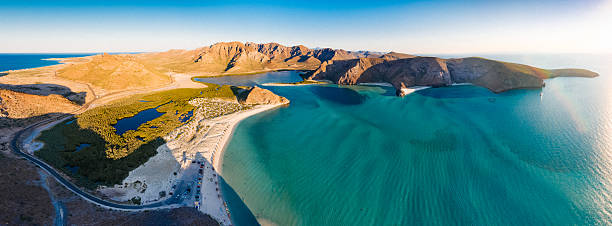 Panoramic Aerial View of La Paz Beach Mexico Panoramic Aerial View at sunset of La Paz Beach in Baja California Sur, Mexico sea of cortes stock pictures, royalty-free photos & images