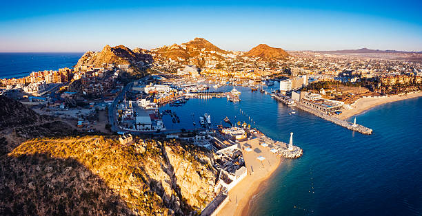 Panoramic Aerial View of Cabo San Lucas Mexico Panoramic Aerial View of Cabo San Lucas in Baja California Sur, Mexico. sea of cortes stock pictures, royalty-free photos & images
