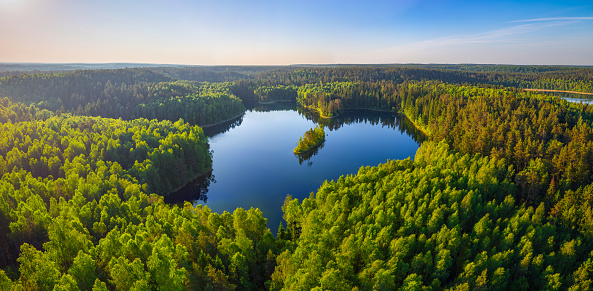 Aerial photo of heart-shaped lake in National park Narachanski (Belarus)