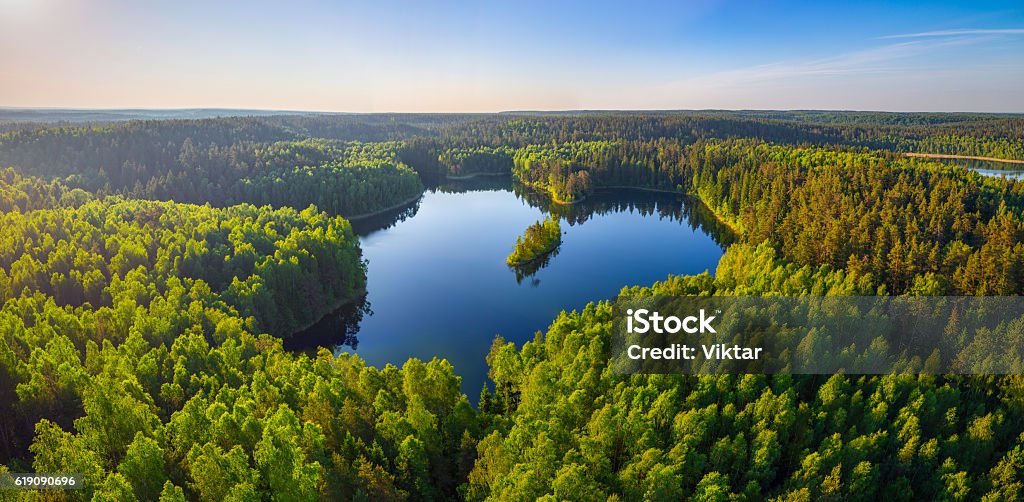 Forest lake (aerial photo) Aerial photo of heart-shaped lake in National park Narachanski (Belarus) Aerial View Stock Photo