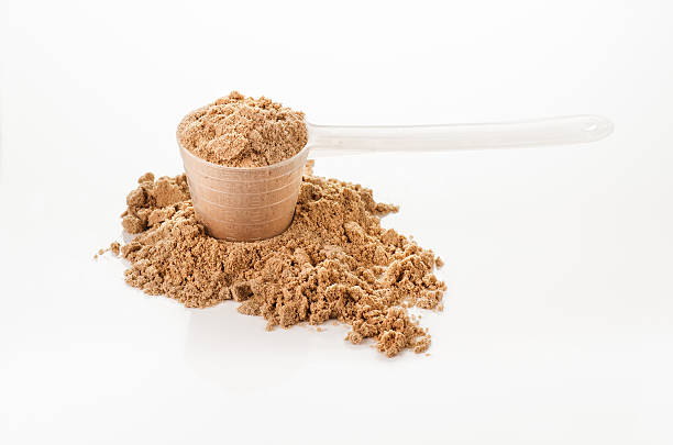 istock Scoop or spoon of whey protein isolated on white background 619091186