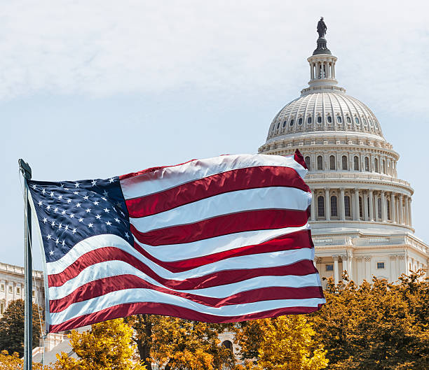 amerikanische flagge winken für ein nationalfeiertag in washington, dc - washington dc autumn capitol building usa stock-fotos und bilder