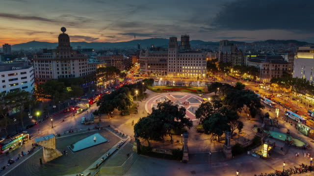 spain barcelona sunset till night placa de catalunya roof top panorama 4k time lapse