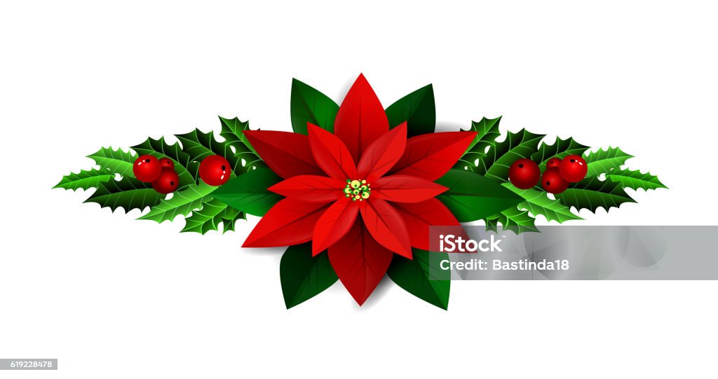 Christmas elements for your designs Christmas decoration with evergreen treess holly and berries and poinsettia isolated Celebration stock vector