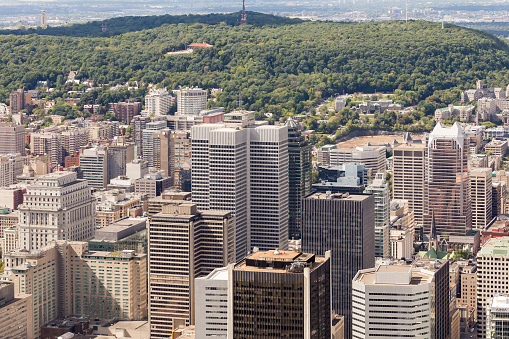 Aerial view of downtown Montreal and its skyscrapers at the foothill of fade Mount-Royal on a sunny summer day. Quebec, Canada.