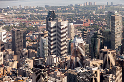 Aerial view of downtown Montreal and its skyscrapers on a sunny summer day. Quebec, Canada.