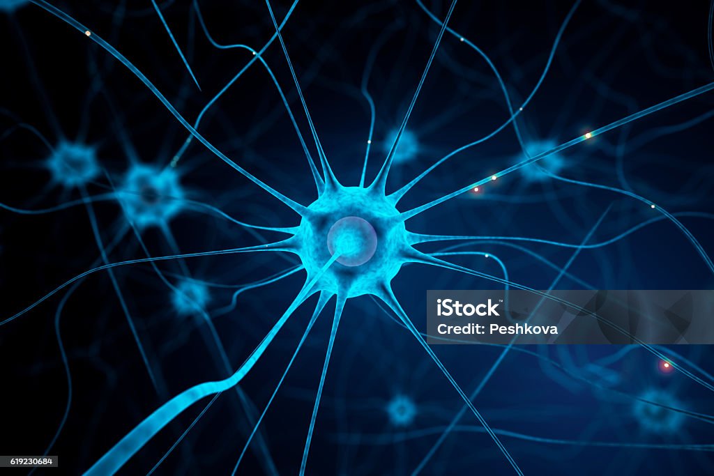 Blue nerve cell Closeup of blue nerve cell on abstract dark background. 3D Rendering Nerve Cell Stock Photo