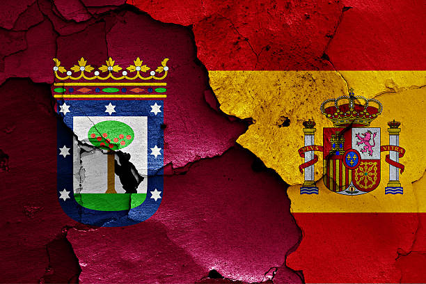 flags of Madrid and Spain painted on cracked wall