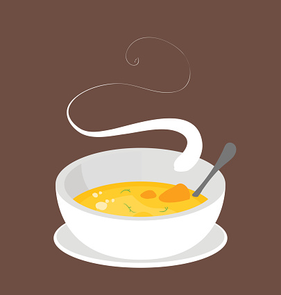 Flat and modern vector illustration of the steaming homemade orange soup served in single ceramic bowl.