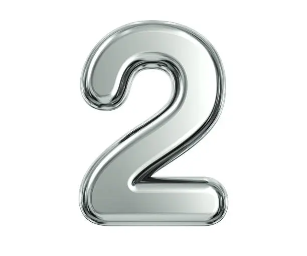 3D rendering of number two made of silver with reflection isolated on white background.