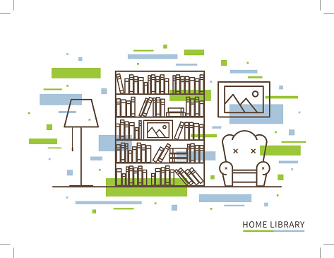 Linear Illustration Of Modern Designer Home Library Interior Space ...