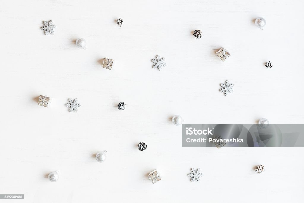 Christmas decoration. Top view, flat lay Christmas decoration. Christmas gift, snowflakes, pine cones. Top view, flat lay Directly Above Stock Photo