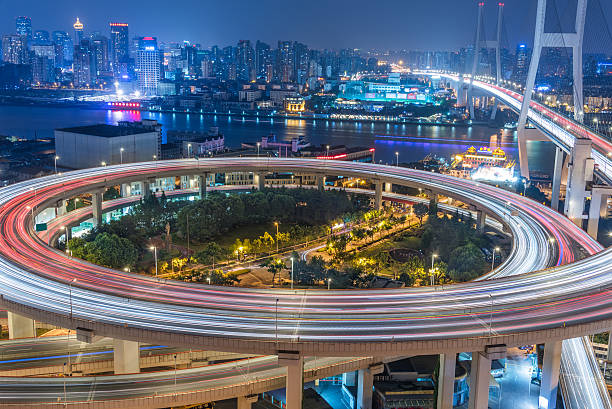 istock Aerial View of Shanghai overpass at Night 619239698