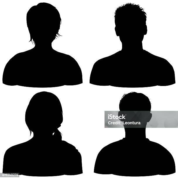 Four Heads Isolated On White Stock Photo - Download Image Now - Cut Out, People, In Silhouette