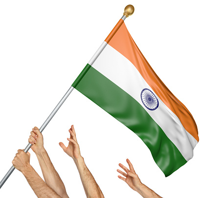Group of peoples hands raising the national flag of India into the air, isolated against a white background.