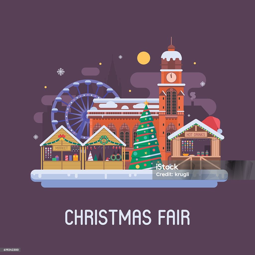 Europe Christmas Fair Background Christmas fair in winter town square. Traditional europe christmas market with souvenir stalls, Xmas tree, gift shops, ferris wheel and cathedral. Christmas city flat landscape by Eve night. Christmas Market stock vector