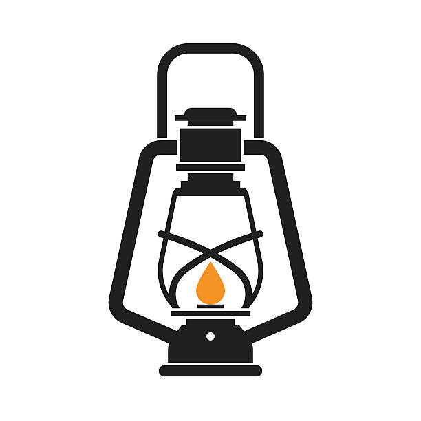 Camping Lantern or Gas Lamp Vintage camping lantern silhouette isolated on white background. Retro gas lamp with glowing fire wick. Flat tourist oil lantern outline vector illustration. Old lamp for hiking. kerosene fuel stock illustrations