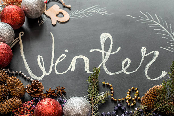 istock Chalk inscription winter on black Board holidays 619243488