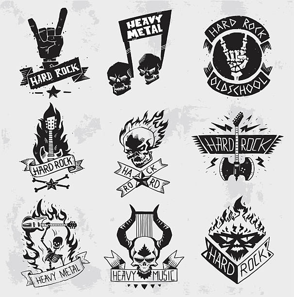 ilustraciones, imágenes clip art, dibujos animados e iconos de stock de conjunto vectorial de insignias de roca de heavy metal. - gangsta rap