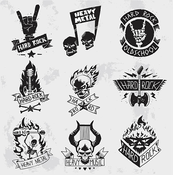 ilustrações, clipart, desenhos animados e ícones de heavy metal rock emblemas vetor set. - classic rock