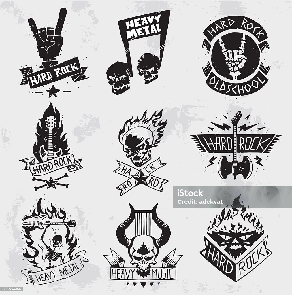 Heavy Metal rock badges vector set. Vintage coal mining emblems, labels, badges, logos. Monochrome style heavy metal rock badges logo classic band typography hardcore. Heavy Metal music symbol rock badges logo. Bikers retro rock label. Heavy Metal stock vector