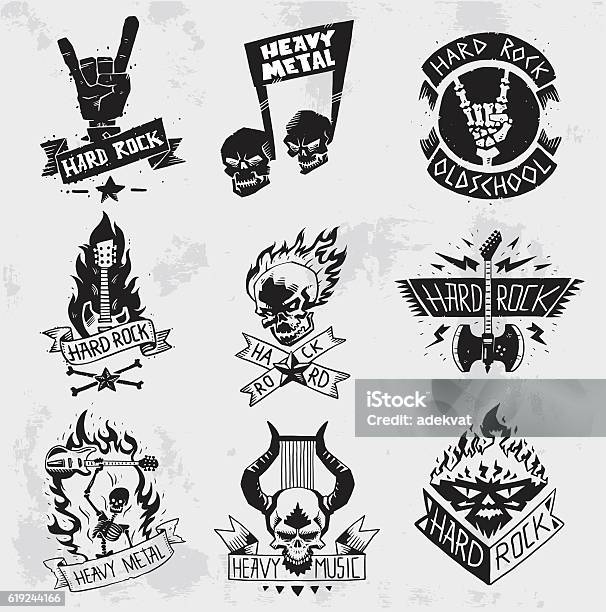 Heavy Metal Rock Badges Vector Set Stock Illustration - Download Image Now - Heavy Metal, Performance Group, Rock Music