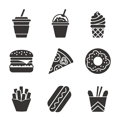 Fast food vector silhouette icon set. Fast food hamburger, cola, ice cream, pizza, donut, hot dog, noodles, french fries. Tasty fast food unhealthy meal. Isolated dishes on white background.