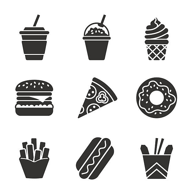 Fast food vector silhouette icon set Fast food vector silhouette icon set. Fast food hamburger, cola, ice cream, pizza, donut, hot dog, noodles, french fries. Tasty fast food unhealthy meal. Isolated dishes on white background. fish fry icon stock illustrations