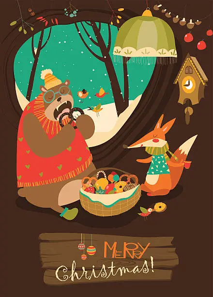 Vector illustration of Cute bear and fox celebrating Christmas in den