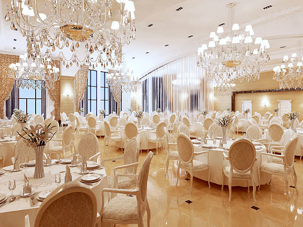 The ballroom and restaurant in classic style. The ballroom and restaurant in classic style. Interior in yellow and beige colors. 3D render. ballroom stock pictures, royalty-free photos & images