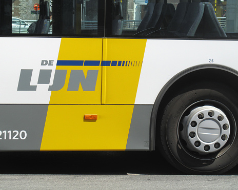 Madrid, Spain - June 22, 2023: Perfect trip inside a public transportation auto-bus, along the Gran Vía, in Madrid.