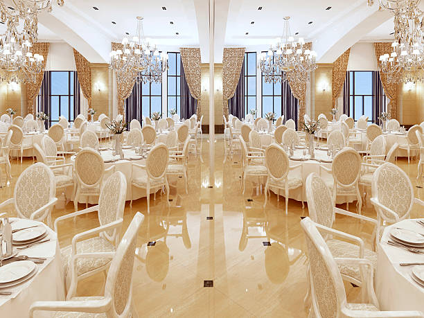 istock Luxurious ballroom, with white tables and large Windows. 619250962