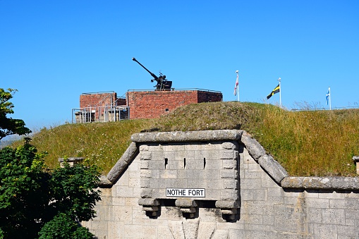 Weymouth, United Kingdom - July 18, 2016: Entrance to Nothe Fort with a gun turret above, Weymouth, Dorset, England, UK, Western Europe.