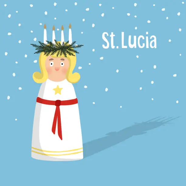 Vector illustration of Little blonde girl with wreath, candle crown, Swedish Saint Lucia.
