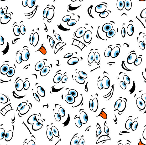 Cartoon human face emoticons pattern Cartoon human face emoticons seamless pattern. Smiling, bored, winking, tongue out, happy, surprised, sad, angry, crying, shocked, silly scared sleepy vector emotions expressions of emoji with blue eyes making a face stock illustrations