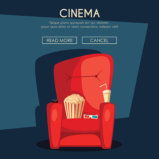 Cinema Night. Home movie watching. Cartoon vector illustration Cinema Night. Home movie watching. Cartoon vector illustration. Red sofa. Web, banner and logo design. Popcorn, cola and 3d glasses. Vintage style. Food and drink action plan three dimensional shape people stock illustrations