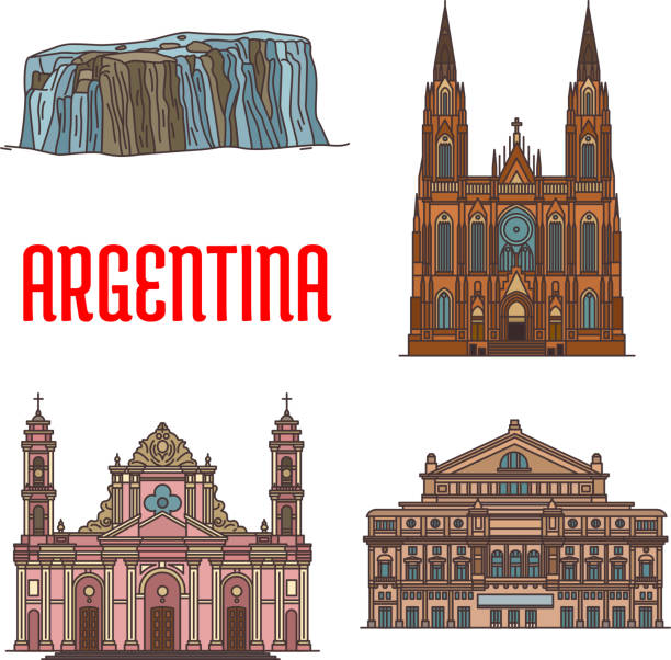 Tourist attractions of Argentina Tourist attraction landmarks and sightseeings of Argentina. Vector detailed icons of architecture facades of Cathedral of La Plata, Teatro Colon, Cathedral of Salta, Iguazu Falls cordoba argentina stock illustrations