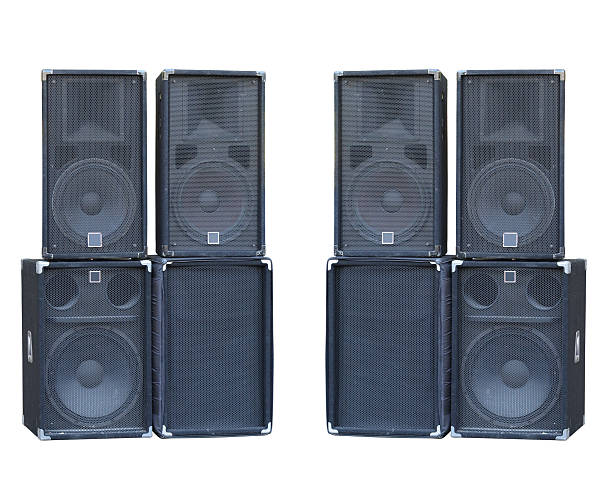 istock Old powerful stage concerto audio speakers isolated on white 619260272