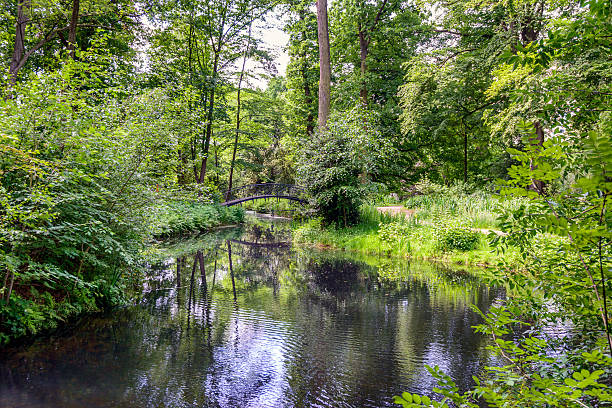 istock Idyllic park with a canal and an old arch bridge 619260494
