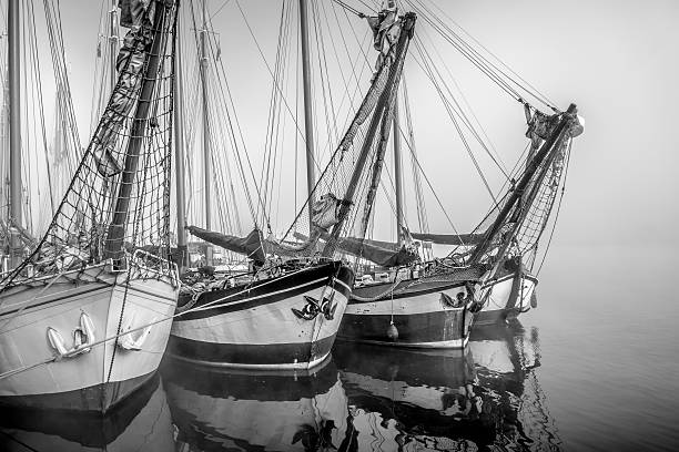 Old traditional sailing ships moored at the IJssel quay in Kampen during a misty morning at the river. The ships are used for tours along the lakes in the Netherlands and the North Sea. Black and white image.