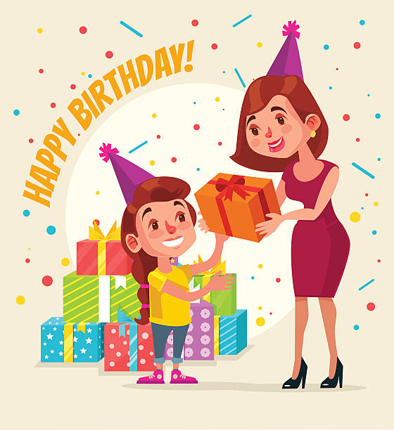 ilustrações, clipart, desenhos animados e ícones de aniversário de personagem de garotinha. mãe personagem dar caixa de presente - birthday present family facial expression birthday