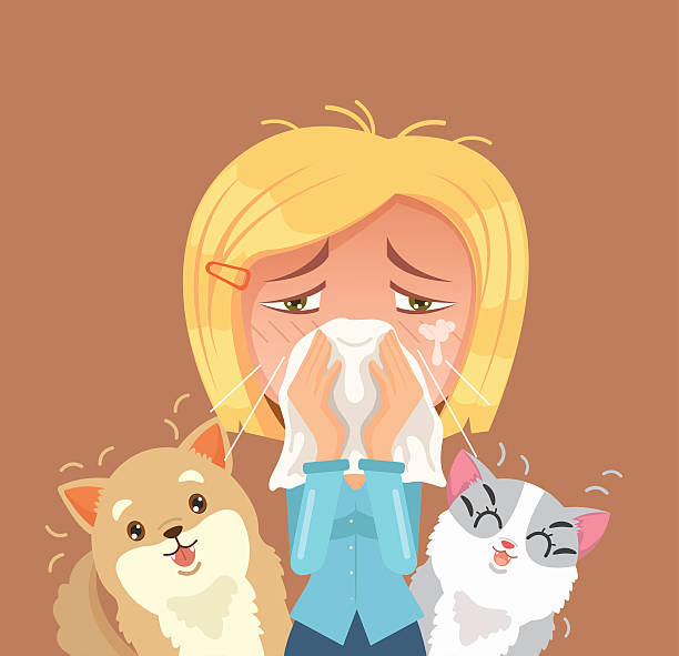 ilustraciones, imágenes clip art, dibujos animados e iconos de stock de alérgico a los animales domésticos. estornudo del personaje de la mujer - scratching dog skin condition allergy