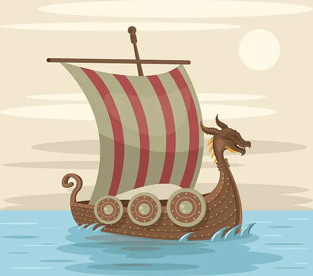 Vector illustration of Viking ship. Vector flat cartoon illustration