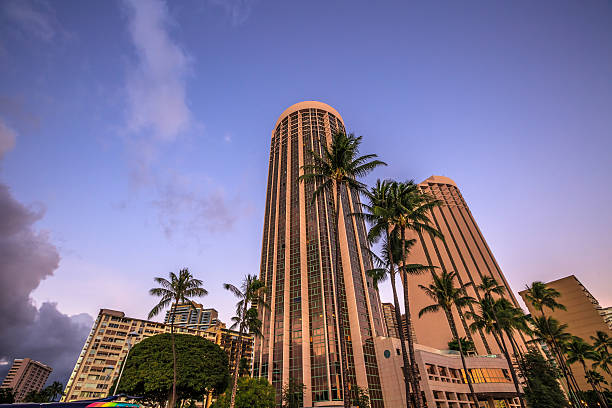 Honolulu, Oahu, Hawaii,United States - August 19, 2016: the Prince Hotel Waikiki at sunset a popular and luxurious hotel overlooking the Ala Wai Harbor, the largest small-boat and yacht harbor in Hawaii.