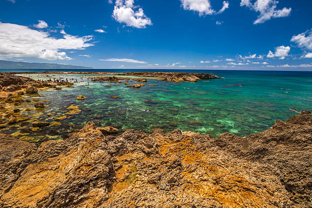 Scenic landscape of Sharks Cove, Hawaii, a small rocky bay side of Pupukea Beach Park. Sharks Cove is the second best snorkeling site on Oahu, North Shore, and boasts an impressive amount of sea life.