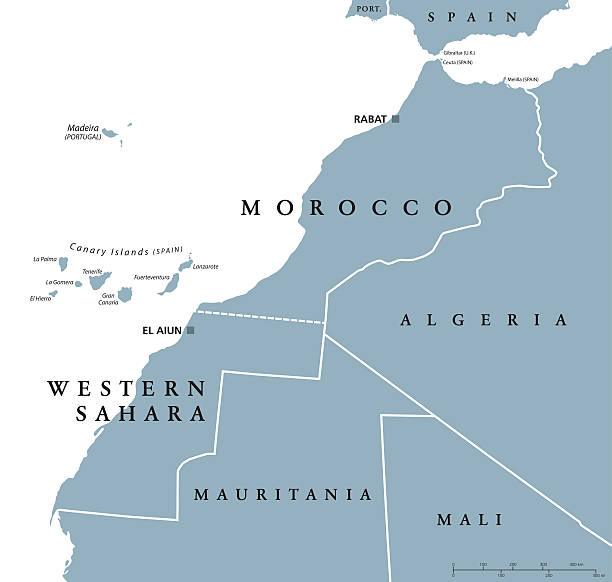 Morocco and Western Sahara political map Morocco and Western Sahara political map with capitals Rabat and El Aiun and with national borders. Gray illustration with English labeling and scaling on white background. ceuta map stock illustrations