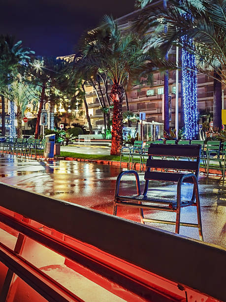 Night Croisette in Cannes Blue chair, palm trees and brightly decorated with luxury hotel on the French Riviera cannes film festival stock pictures, royalty-free photos & images